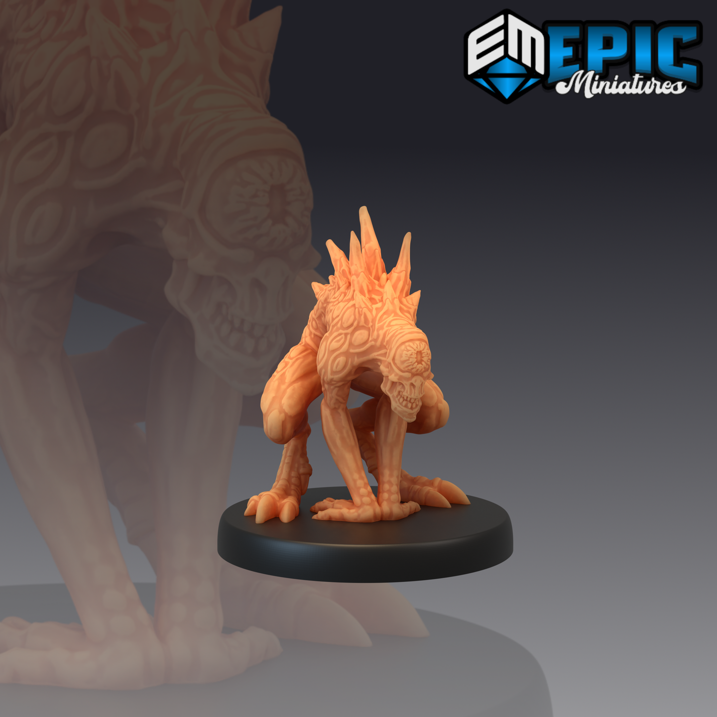 Hunched Nothic miniature in a low crouching attack pose, wide splayed claws pressed to the ground, single large cyclopean eye dominating the skull-like face, jagged spines along the back, intricate swirling patterns across the skin. Sculpt by Epic Miniatures.