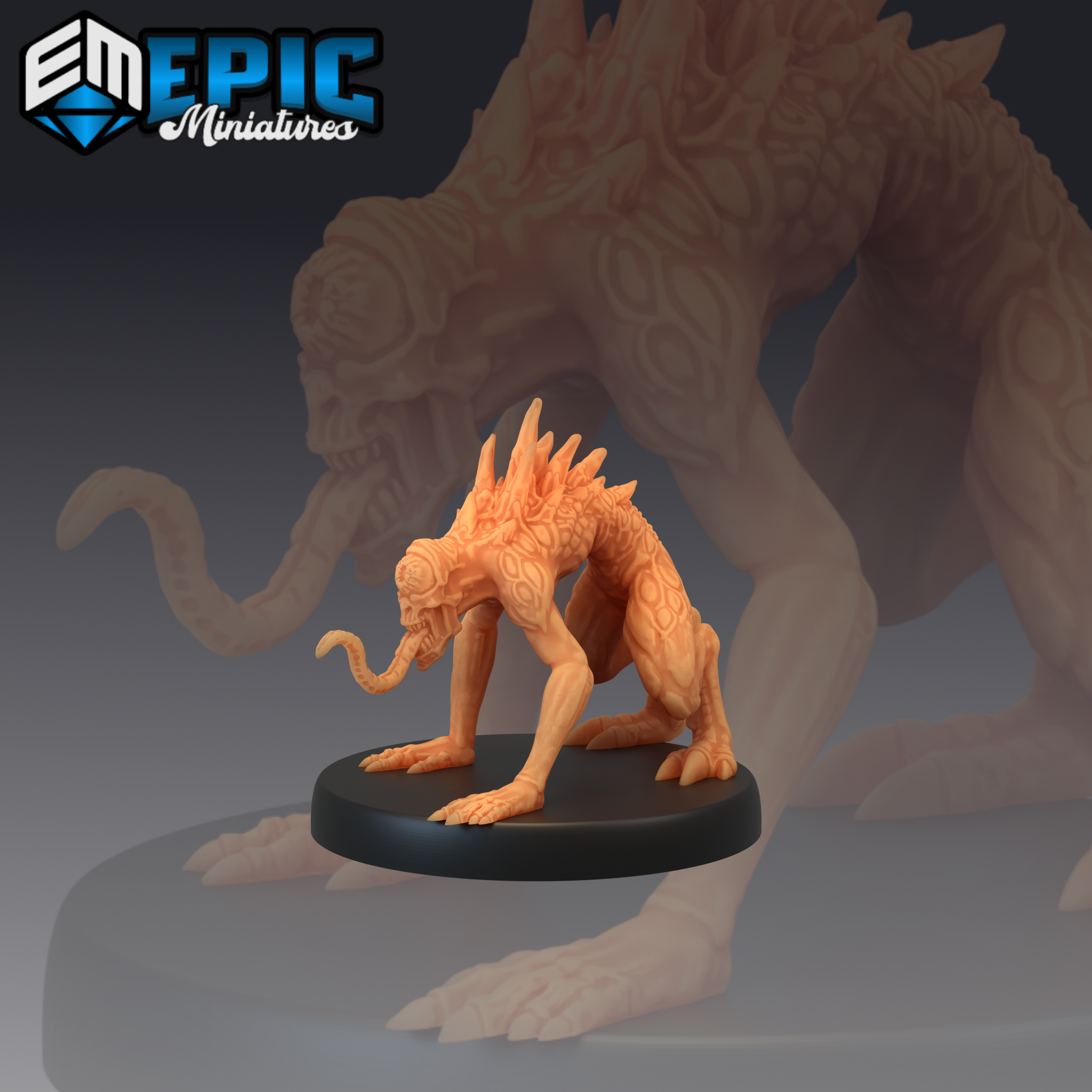 Nothic miniature in a low four-limbed stalking crouch, single large eye at the centre of its face, jaws open wide with visible fangs, jagged dorsal spines running along its back, clawed hands and feet spread against a plain round base. Sculpt by Epic Miniatures.