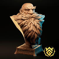 Digital render of the Nuri on Holiday dwarf display bust by The Witchguild, shown unpainted in a warm tan resin colour with blue cloak detail. The bust features a bald-headed elderly dwarf with an extraordinarily detailed layered beard, a scowling expressive face with pointed ears, and a flowing cloak. Mounted on an ornate knotwork-patterned rectangular display base. Three-quarter view from the left.