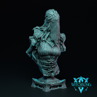 Digital render of the Nursemaid Bust by Witchsong Miniatures — an unpainted grey resin display bust showing a female armoured figure with long flowing hair, ornate scrolled pauldrons, layered fabric torso with laced corset detail, and a sculpted plinth base, shown at a three-quarter rear angle