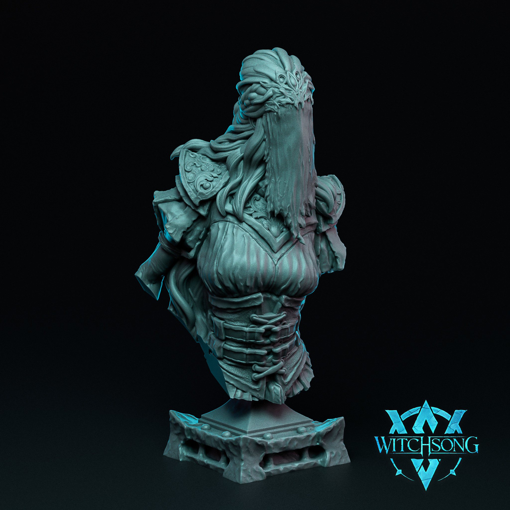 Digital render of the Nursemaid Bust by Witchsong Miniatures — an unpainted grey resin display bust showing a female armoured figure with long flowing hair, ornate scrolled pauldrons, layered fabric torso with laced corset detail, and a sculpted plinth base, shown at a three-quarter rear angle