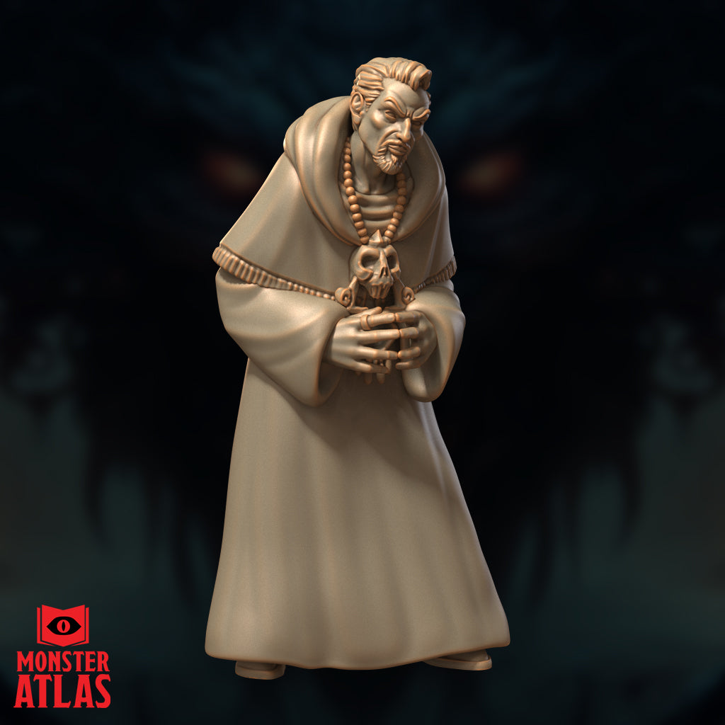 Robed male figure standing upright, cradling a small skull totem in both hands, wearing a heavy cowl and rope belt with bone bead necklace. Grim, bearded expression. Sculpt by Monster Atlas.
