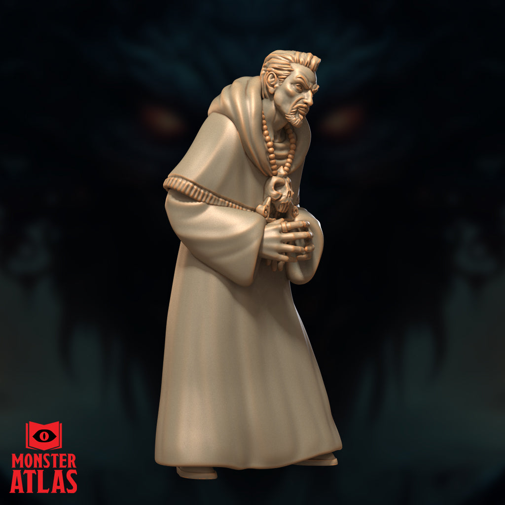 Robed male figure turned slightly to one side, holding a skull totem close to his chest, long flowing robes reaching the ground, bone beads visible at his collar. Stern, gaunt face with short beard. Sculpt by Monster Atlas.