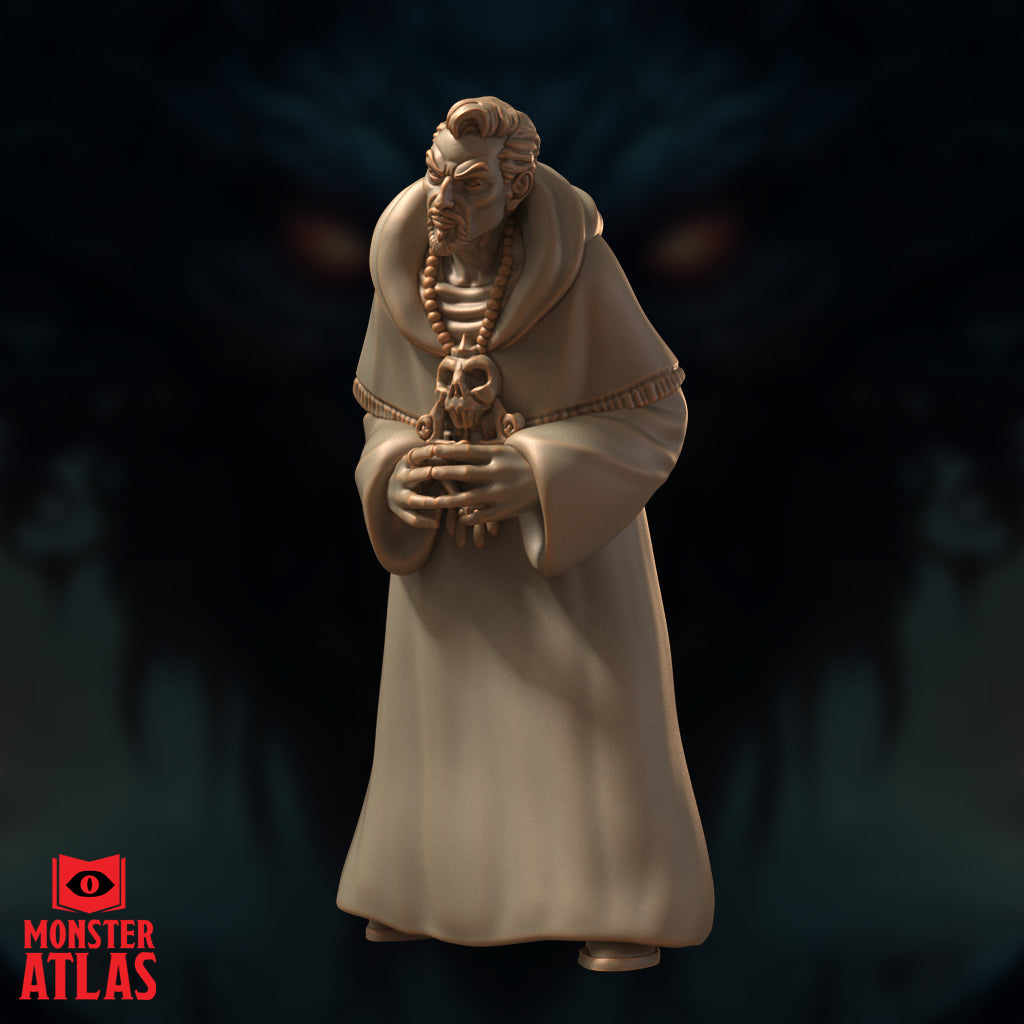Robed male figure viewed from a low frontal angle, both hands raised to present a skull totem, wide cowl draped across the shoulders, rope belt cinching the robe at the waist. Sharp, intense facial expression. Sculpt by Monster Atlas.