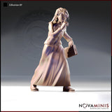 32mm resin miniature render of Librarian 02 by Novaminis — a female human scholar standing in a contemplative pose, one hand raised to her glasses, the other holding a single closed tome at her side, long loose hair, unpainted resin, three-quarter front view