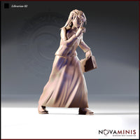 32mm resin miniature render of Librarian 02 by Novaminis — a female human scholar standing in a contemplative pose, one hand raised to her glasses, the other holding a single closed tome at her side, long loose hair, unpainted resin, three-quarter front view