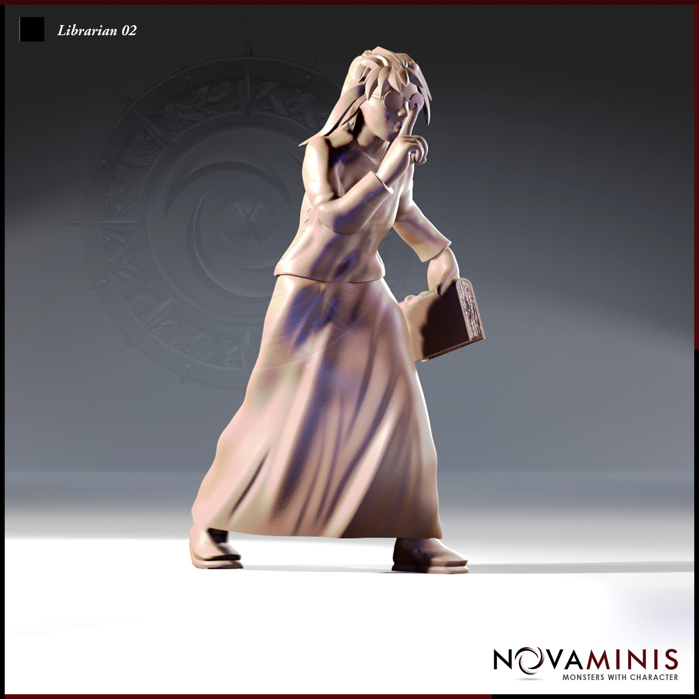Front-facing digital render of the Librarian 02 miniature by Novaminis — a female human scholar in flowing robes, pressing a finger to her lips mid-stride while carrying an aged tome in her other hand. Shown unpainted in grey resin render at 32mm scale.