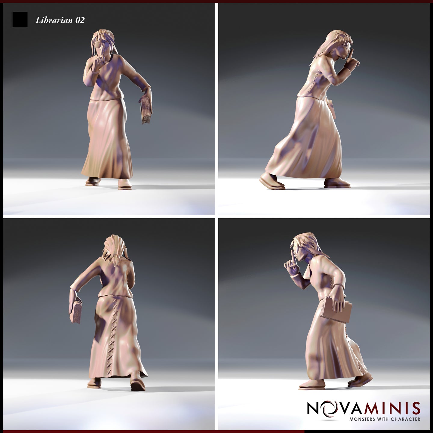 Four-angle digital render of Librarian 02 by Novaminis showing front, back, and side views — highlighting the lace-up back detail on her skirts, loose hair, round spectacles, bracers, and worn tome. Unpainted grey resin render.