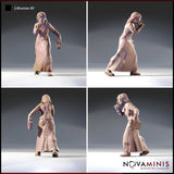 Four-angle digital render of Librarian 02 by Novaminis showing front, back, and side views — highlighting the lace-up back detail on her skirts, loose hair, round spectacles, bracers, and worn tome. Unpainted grey resin render.