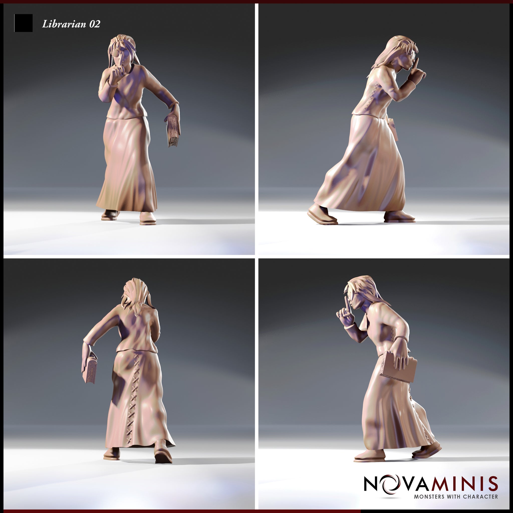 Four-angle digital render of Librarian 02 by Novaminis showing front, back, and side views — highlighting the lace-up back detail on her skirts, loose hair, round spectacles, bracers, and worn tome. Unpainted grey resin render.