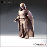 Front view digital render of Mysterious Figure 01 by Novaminis — an unpainted 32mm resin miniature of a broad-shouldered hooded human male in a long flowing cape, wearing a studded belt with pouches, laced leather greaves, and knee guards, one hand loosely raised at his side