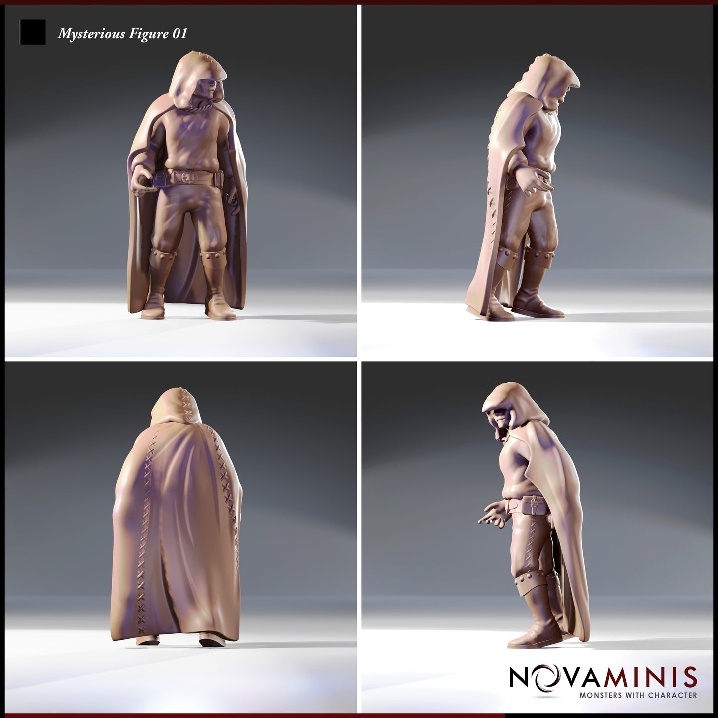 Four-angle digital render sheet of Mysterious Figure 01 by Novaminis showing front, left side, back, and right side views — the back of the cape features detailed cross-laced stitching along both edges, and the side profile reveals a watchful forward lean with fingers slightly extended