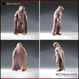Four-angle digital render sheet of Mysterious Figure 01 by Novaminis showing front, left side, back, and right side views — the back of the cape features detailed cross-laced stitching along both edges, and the side profile reveals a watchful forward lean with fingers slightly extended