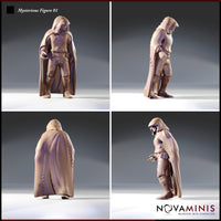 Four-angle digital render sheet of Mysterious Figure 01 by Novaminis showing front, left side, back, and right side views — the back of the cape features detailed cross-laced stitching along both edges, and the side profile reveals a watchful forward lean with fingers slightly extended
