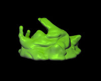 Ochre Jelly miniature by MZ4250 — a low-slung amorphous ooze with raised pseudopod protrusions and deep folded ridges across its lumpen, undulating body. Bright lime green.