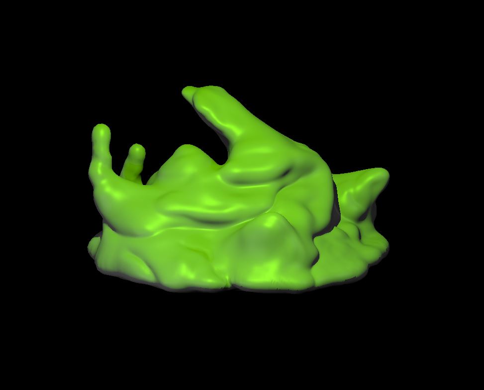Ochre Jelly miniature by MZ4250 — a low-slung amorphous ooze with raised pseudopod protrusions and deep folded ridges across its lumpen, undulating body. Bright lime green.