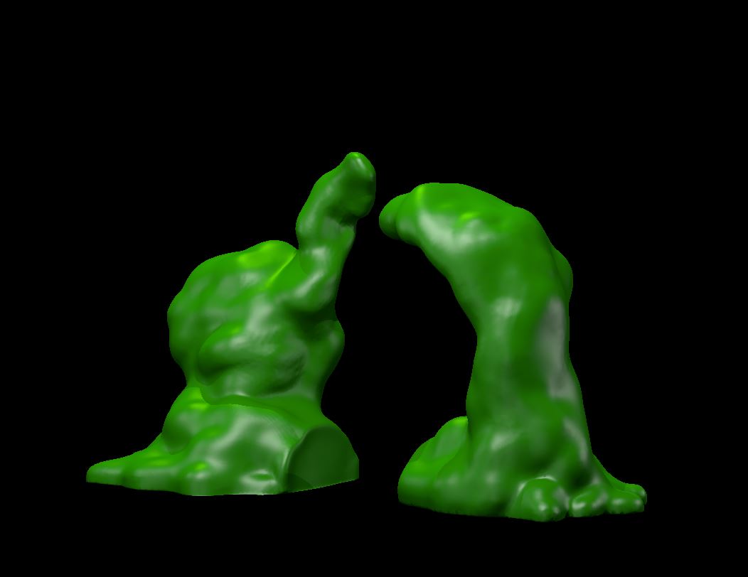 Two Ochre Jelly miniatures by MZ4250, each sculpted as a lumpy, rounded mass of slime with a rippled, organic surface, shown side by side in vivid green resin.