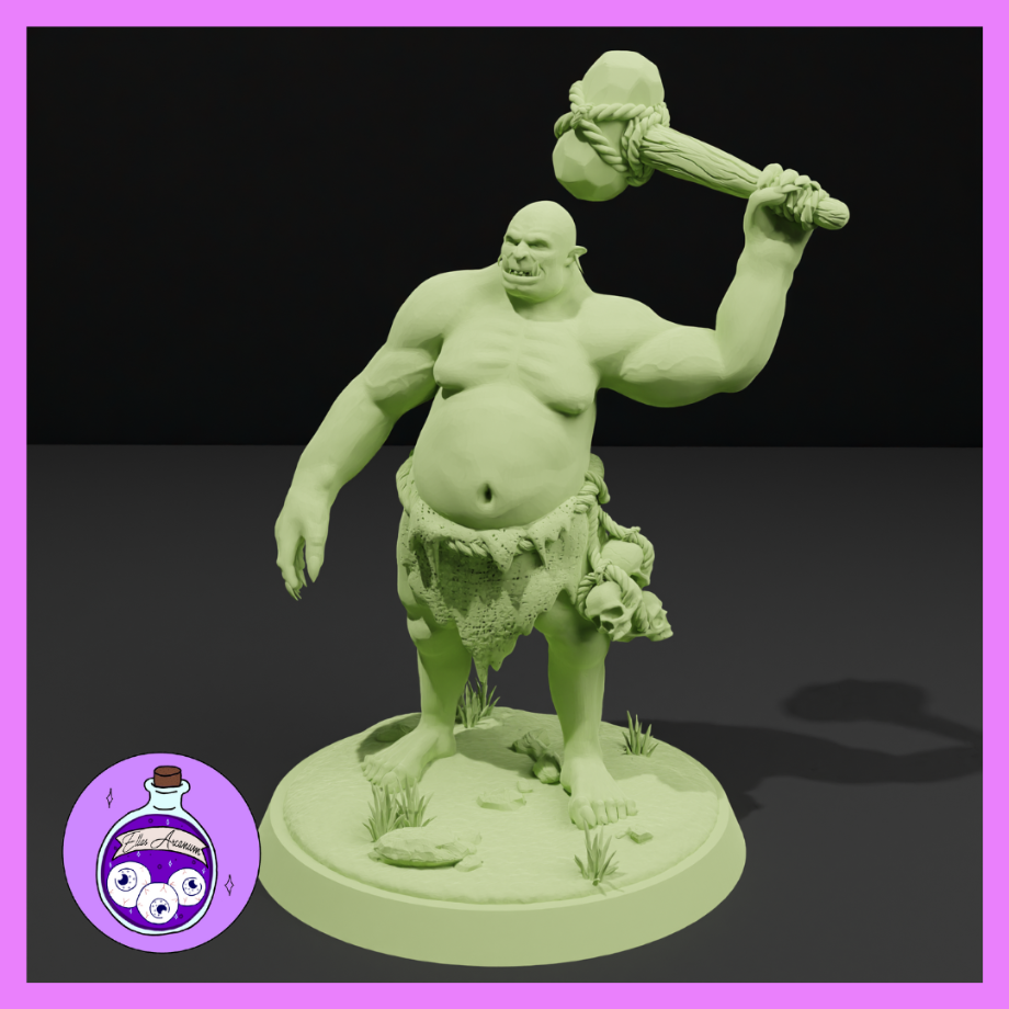 Digital render of an unpainted ogre miniature at 32mm scale — a heavyset, bare-chested brute with a rope-bound stone club raised overhead in one hand and a cluster of skulls hanging from its belt, standing on a scenic rubble and grass base. Sculpted by Ella's Arcanum Minis.