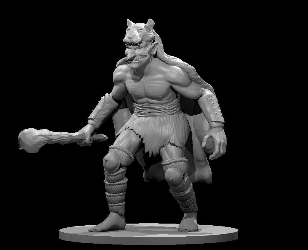 Grey resin digital render of an unpainted ogre miniature in 32mm scale, wearing an animal skull helmet and fur kilt, with rope-wrapped shin bindings and a studded bracer, carrying a bone-headed club held low at his side, mid-stride on a round base