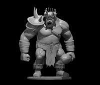 Grey resin digital render of an Ogre Chieftain miniature at 32mm scale — a hulking male figure mid-roar with a crown of impaled skulls, a single rhino-horn pauldron on his left shoulder, a tattered loincloth with bone charms, wrist wraps, fur-trimmed boots, and a large stone gripped in his right hand. He stands on an oval base in a forward-leaning aggressive pose.