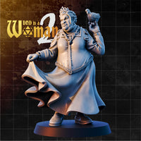 Broad, heavyset ogre wearing a long flowing coat with lace cuffs and a braided belt, holding a small bird aloft on one raised fist, scowling, with a tiara crown. Sculpt by DnD is a Woman.