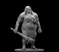 Heavyset female ogre standing upright, club with bone tip held low in one hand, opposite fist clenched, skull trophies strung across chest, mouth open mid-roar, long hair falling over broad shoulders. Sculpt by MZ4250.