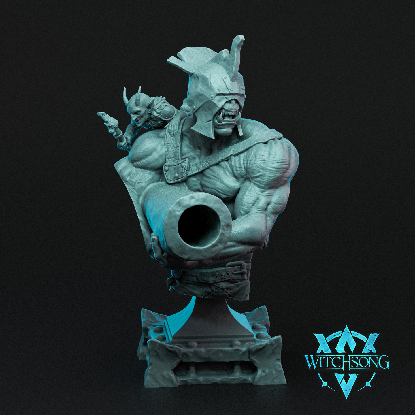 Digital render of an unpainted ogre bust miniature by Witchsong Miniatures, showing a roaring ogre in a battered helmet clutching a cannon barrel with a small horned goblin perched on his shoulder gesturing dramatically, displayed on a rocky sculpted base with crossed axes, in monochrome teal against a dark background