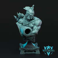 Digital render of an unpainted ogre bust miniature by Witchsong Miniatures, showing a roaring ogre in a battered helmet clutching a cannon barrel with a small horned goblin perched on his shoulder gesturing dramatically, displayed on a rocky sculpted base with crossed axes, in monochrome teal against a dark background