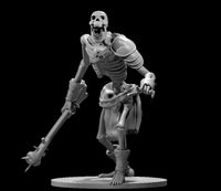 Towering skeleton ogre clutching a long spiked club, open-jawed, with mismatched shoulder armour and wrapped wrist bindings, looming over a crouching skeletal beast. Sculpt by MZ4250.