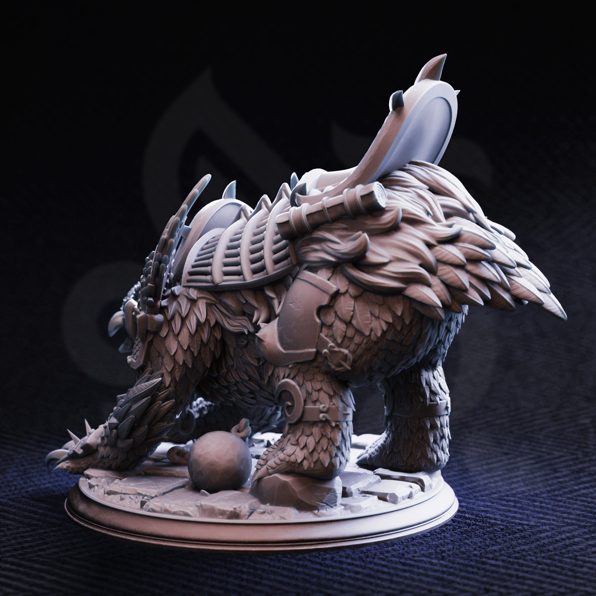 Rear three-quarter digital render of Old Betty War Owlbear miniature, unpainted grey, revealing the back armour plating with segmented panels, a large ceremonial blade rising from the saddle mount, dense feathered flanks, and a small cannonball on the scenic rubble base — displayed against a dark background