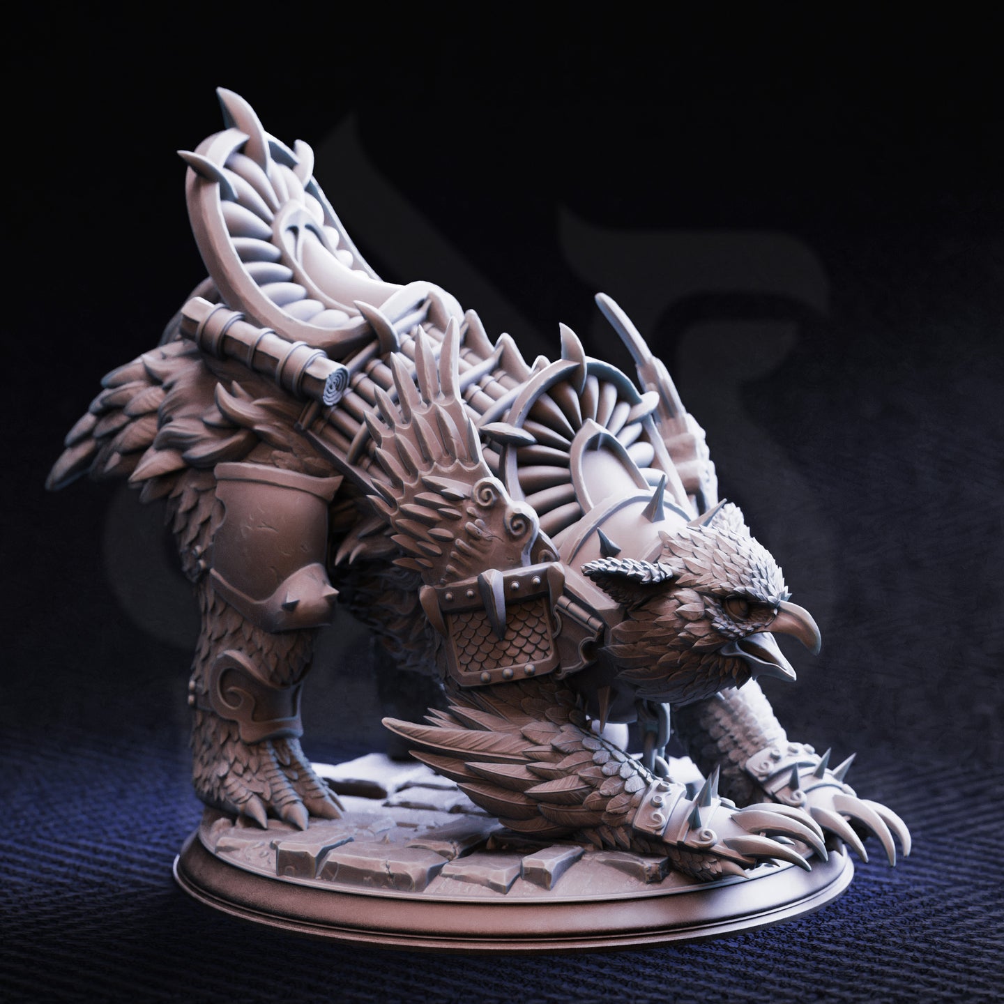Side-on digital render of Old Betty War Owlbear miniature, unpainted grey, showing full detail of layered plate armour straps across the body, overlapping feather texture, large curved talons on the front feet, and the dramatic swept-back blade crest — displayed against a dark background