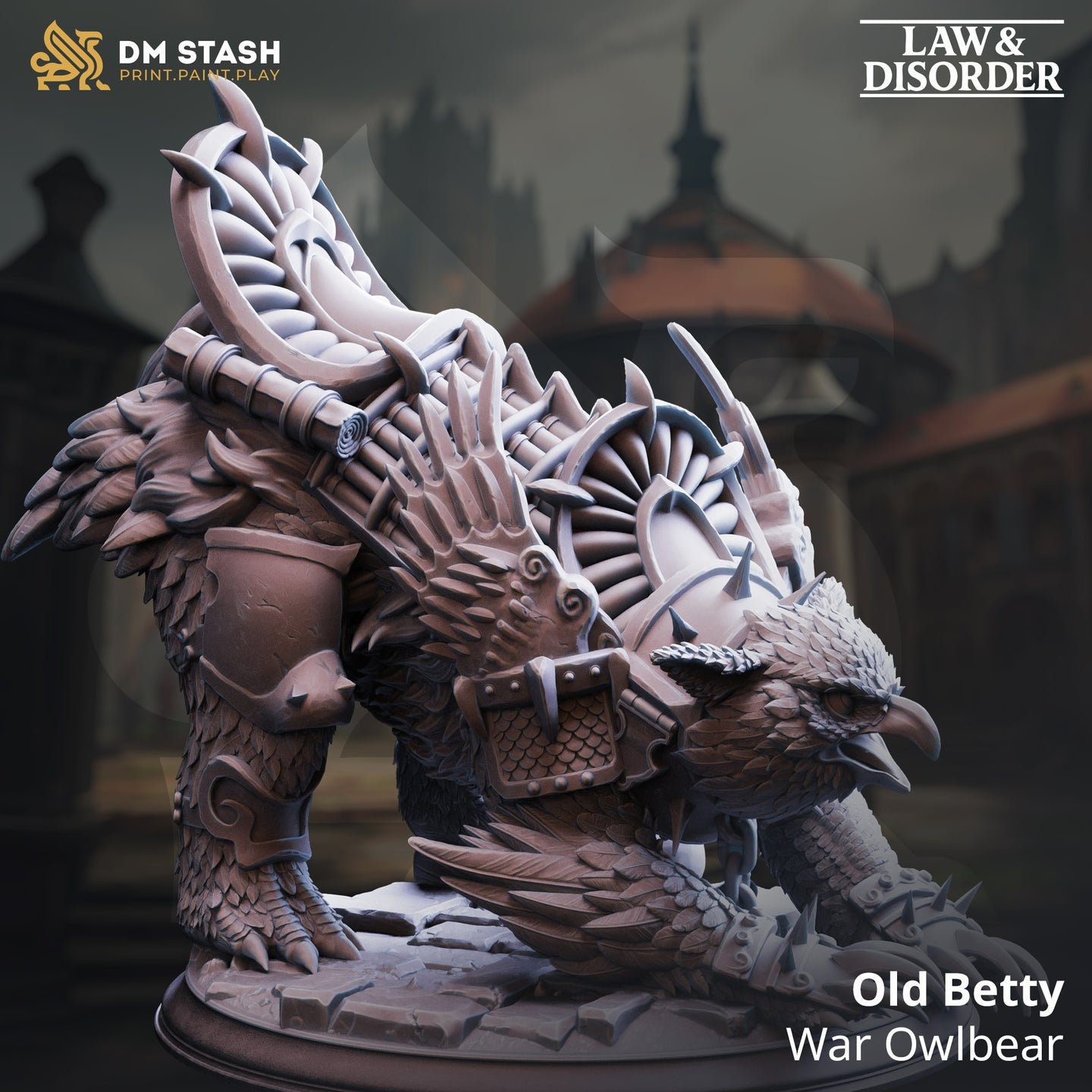 Digital render of Old Betty the War Owlbear miniature from DM Stash Law and Disorder collection, shown in unpainted grey resin colour, crouching low with beak forward, wearing a full spiked war harness with a sweeping ceremonial blade crest rising from her back, taloned feet resting on shattered cobblestone base, city buildings visible in background