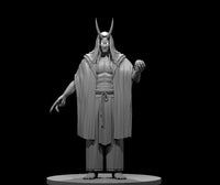 Horned male Oni miniature standing upright in open robes, one clawed hand extended forward, the other holding a skull. Grinning face framed by a deep cowl with two long curved horns. Sculpt by MZ4250.