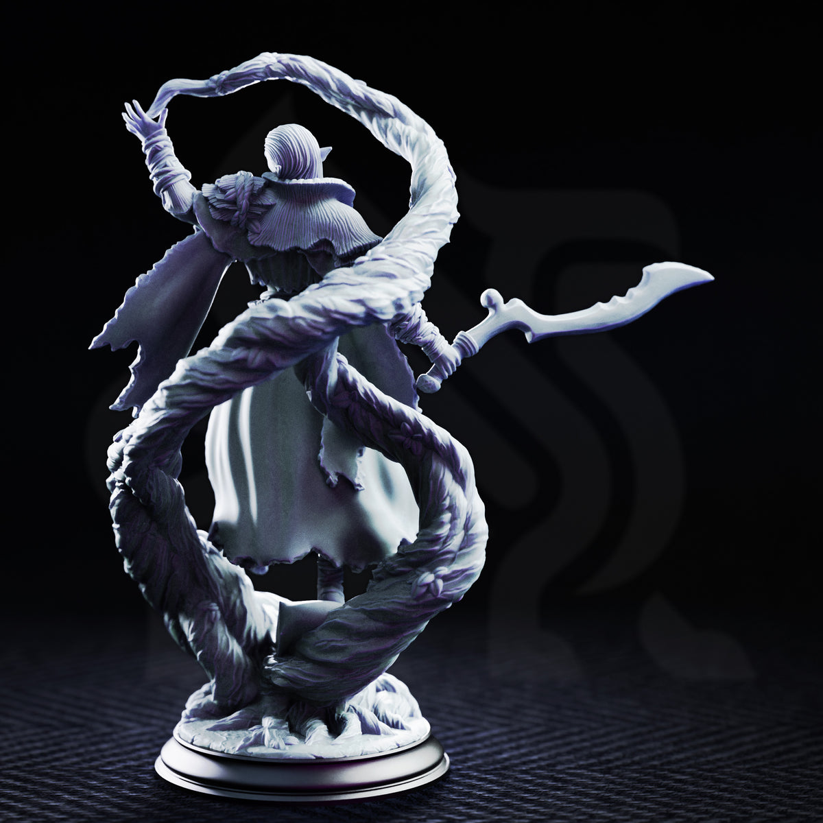 Lean pointy-eared male figure gripping a curved blade at his side, one arm raised, wearing a ragged tattered coat and layered collar, mounted on a coiling root scenic base. Sculpt by DM Stash.