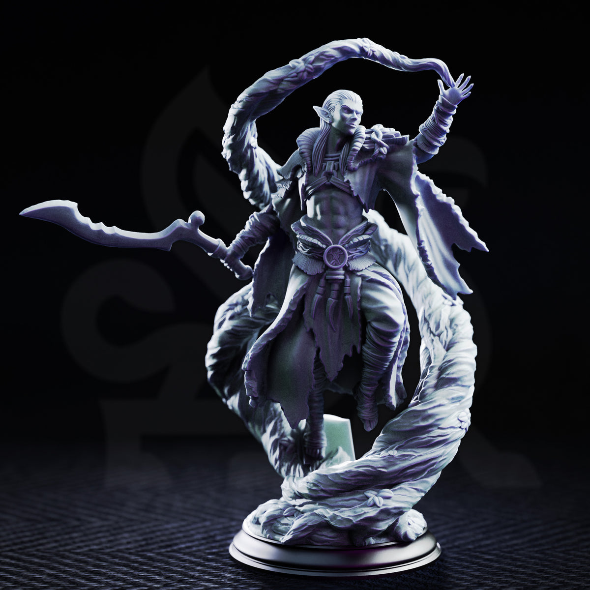 Drow sorcerer raising one hand with fingers spread, holding a curved blade low, wreathed by a sweeping arched root tendril rising from a gnarled swamp base. Sculpt by DM Stash.
