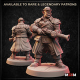 Digital render showing front and back views of an unpainted orc city guard miniature — wearing a bowler hat, heavy trenchcoat with layered shoulder armour, and carrying a large blunderbuss. Belt pouches and sturdy boots visible. Mounted on a round base.