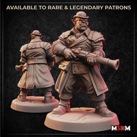 Digital render showing front and back views of an unpainted orc city guard miniature — wearing a bowler hat, heavy trenchcoat with layered shoulder armour, and carrying a large blunderbuss. Belt pouches and sturdy boots visible. Mounted on a round base.