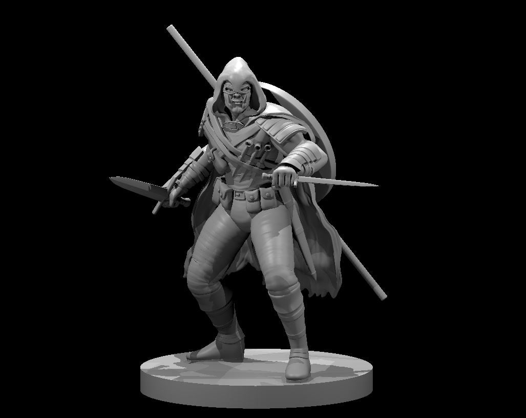 Unpainted grey resin miniature of an orc male rogue in a dynamic dual-wielding pose, armed with a shortsword and dagger, wearing a deep hood, layered armour, and a flowing cloak, with crossed rods at his back suggesting a lockpicking kit — 32mm scale tabletop miniature by MZ4250