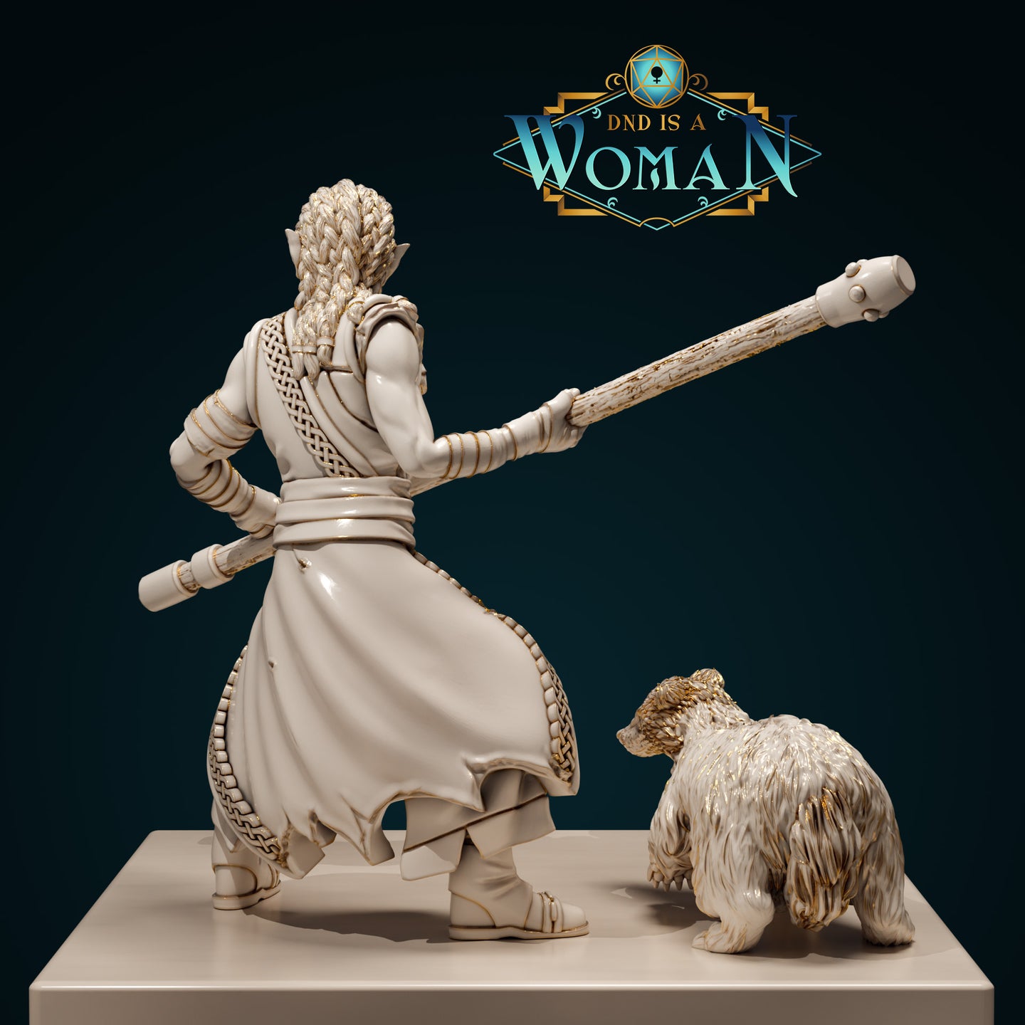 Digital render of Xira the Orc Monk miniature — rear view showing thick braided dreadlocks, knotwork-detailed robes, and the bear companion in a low stalking posture. Unpainted cream resin with gold accent highlights.