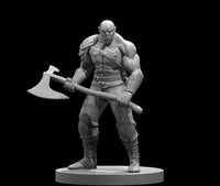 Bald, tusked orc barbarian gripping a large single-bladed axe in both hands, torso bare with crossed leather straps, bracers on forearms and knee guards, in a wide aggressive combat stance. Sculpt by MZ4250.