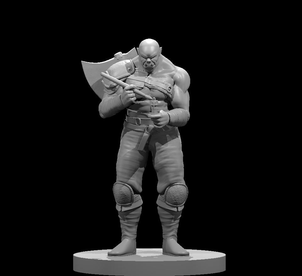Muscular orc barbarian standing upright, large axe slung over his back, holding a small miniature in one hand and a brush in the other. Wearing a muzzle guard, knee armour, and a broad chest harness. Sculpt by MZ4250.