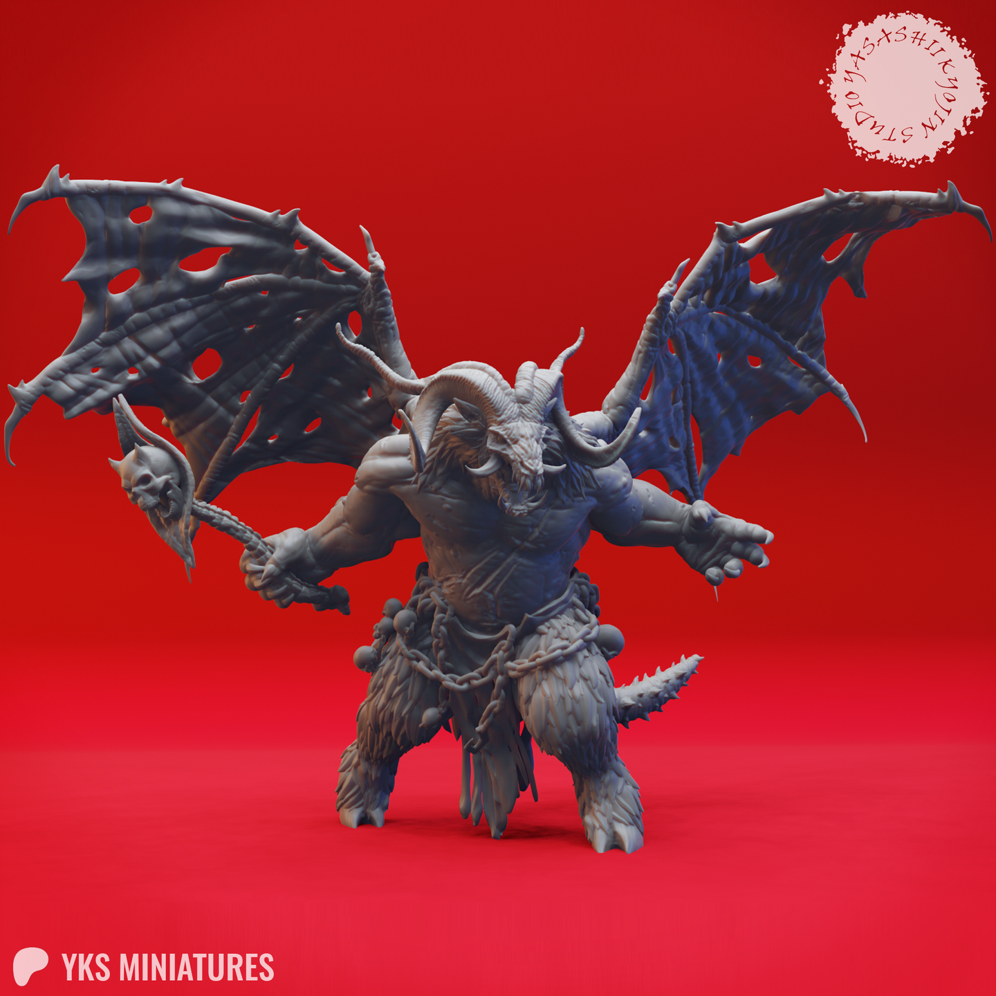 Front-facing digital render of an unpainted grey resin Orcus miniature — a massive winged demon with curling ram's horns, tattered leathery wings, chains and skull trophies across his body, and his skull-tipped wand raised in his right hand