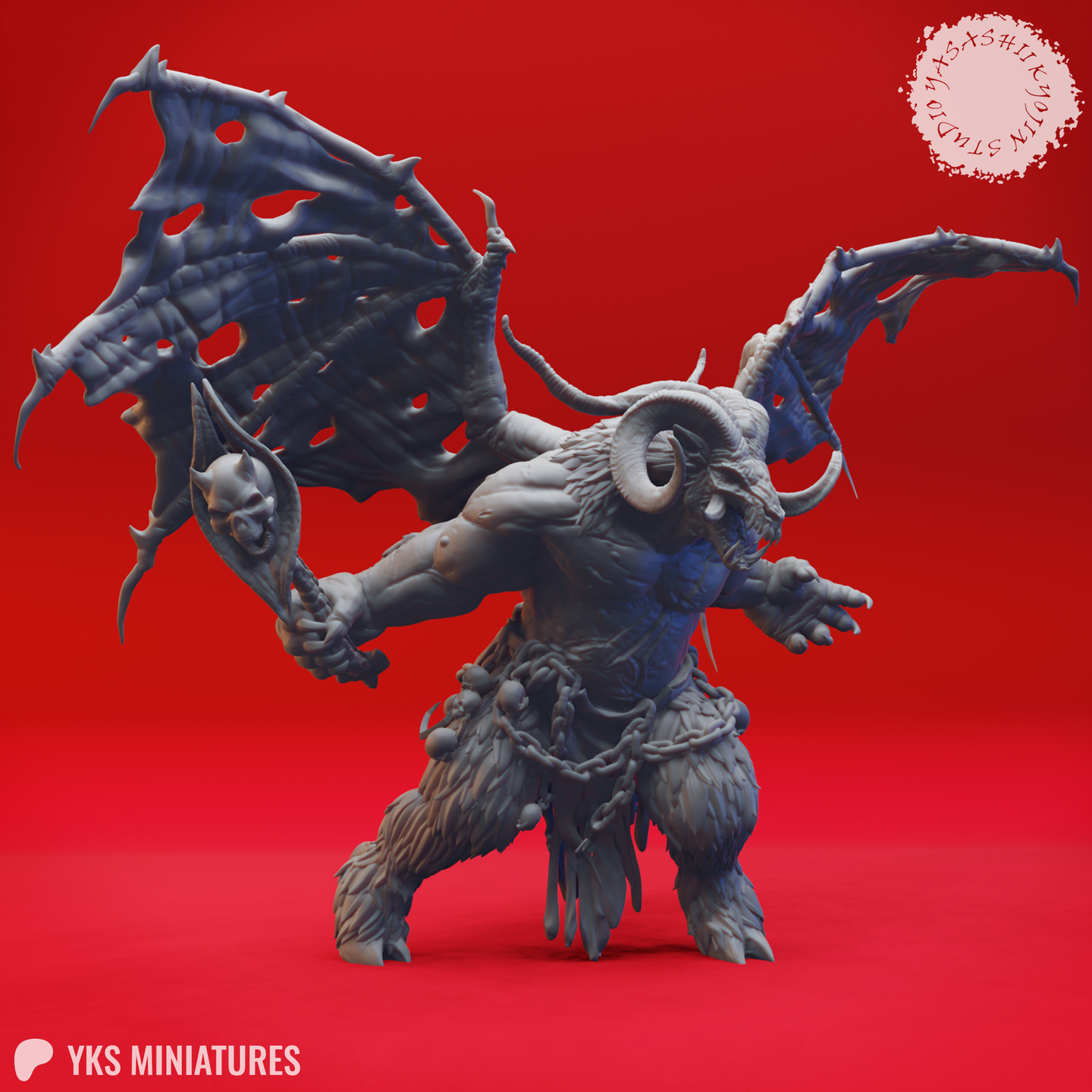 Three-quarter front view digital render of the Orcus miniature in grey, showing his broad chest, fur-covered legs, heavy chains with dangling skulls, raised skull wand, and spread bat wings with torn membrane detail