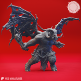 Three-quarter front view digital render of the Orcus miniature in grey, showing his broad chest, fur-covered legs, heavy chains with dangling skulls, raised skull wand, and spread bat wings with torn membrane detail