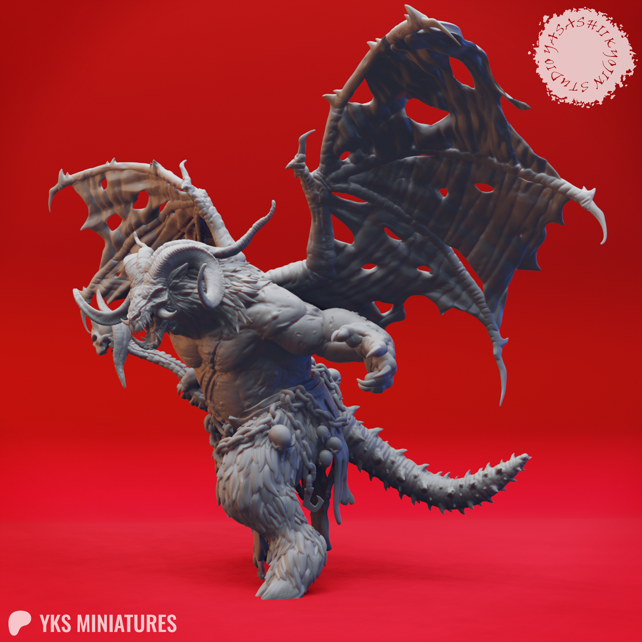 Rear three-quarter digital render of the Orcus miniature showing his large spined tail, the full span of his ragged wings from behind, curling horns, and the clawed hand reaching forward — emphasising the scale and bulk of the sculpt