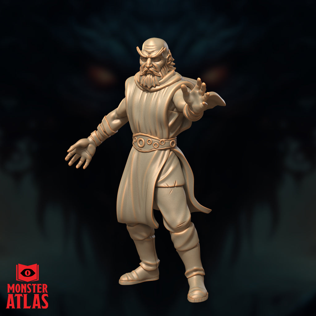 32mm resin miniature of Otiluke the archmage from Greyhawk, depicted as a bald bearded older man with small brow ridges, wearing layered robes and a studded belt, leaning forward with one hand raised palm-out and the other lowered open — unpainted tan render by Monster Atlas