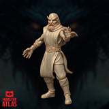 32mm resin miniature of Otiluke the archmage from Greyhawk, depicted as a bald bearded older man with small brow ridges, wearing layered robes and a studded belt, leaning forward with one hand raised palm-out and the other lowered open — unpainted tan render by Monster Atlas