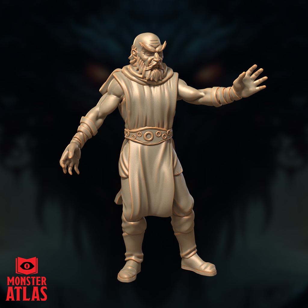 Front-facing render of the Otiluke archmage miniature showing a bald bearded male figure in long robes with a studded belt, one arm extended wide to the side and the other hanging open — unpainted tan resin render by Monster Atlas at 32mm scale