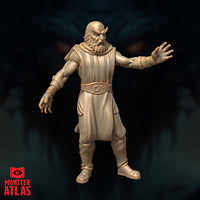 Front-facing render of the Otiluke archmage miniature showing a bald bearded male figure in long robes with a studded belt, one arm extended wide to the side and the other hanging open — unpainted tan resin render by Monster Atlas at 32mm scale