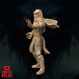 Side-profile render of the Otiluke archmage miniature showing a billowing cloak behind him and both hands reaching forward with fingers spread, mid-incantation pose — unpainted tan render by Monster Atlas
